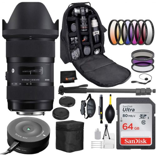  Sigma 18-35mm F1.8 Art DC HSM Lens for Nikon F DSLR Cameras + Sigma USB Dock with Professional Bundle Package Deal  9 pc Filter Kit + SanDisk 64gb SD Card + Backpack + More