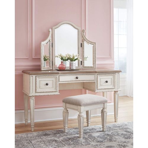  Signature Design by Ashley Realyn Vanity and Mirror with Stool Chipped White