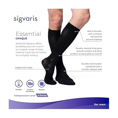  SIGVARIS Men’s Essential Opaque 860 Closed Toe Calf-High Socks 20-30mmHg - Medium Long - Black