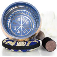 Silent Mind ~ Tibetan Singing Bowl Set ~ Blue Color Design ~ With Dual Surface Mallet and Silk Cushion ~ Promotes Peace, Chakra Healing, and Mindfulness ~ Exquisite Gift (Blue)명상종 싱잉볼