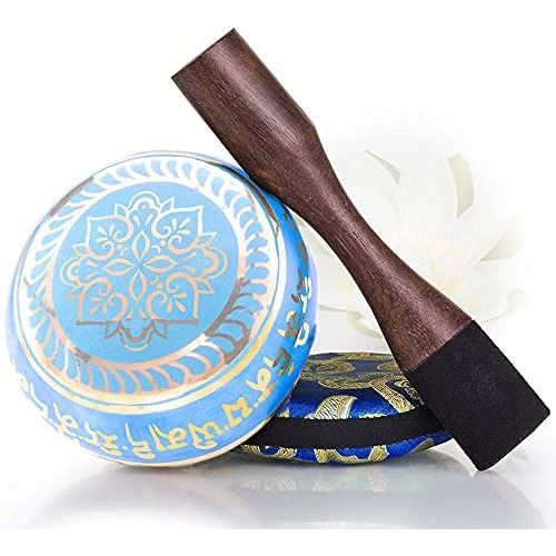  Silent Mind ~ Tibetan Singing Bowl Set ~ Blue Color Design ~ With Dual Surface Mallet and Silk Cushion ~ Promotes Peace, Chakra Healing, and Mindfulness ~ Exquisite Gift (Blue)명상종 싱잉볼