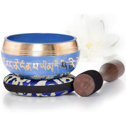  Silent Mind ~ Tibetan Singing Bowl Set ~ Blue Color Design ~ With Dual Surface Mallet and Silk Cushion ~ Promotes Peace, Chakra Healing, and Mindfulness ~ Exquisite Gift (Blue)명상종 싱잉볼