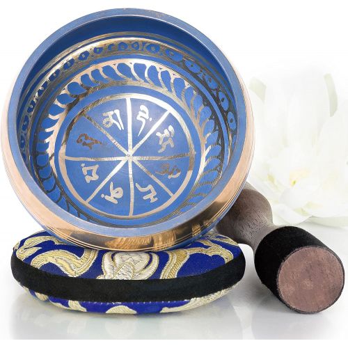  Silent Mind ~ Tibetan Singing Bowl Set ~ Blue Color Design ~ With Dual Surface Mallet and Silk Cushion ~ Promotes Peace, Chakra Healing, and Mindfulness ~ Exquisite Gift (Blue)명상종 싱잉볼