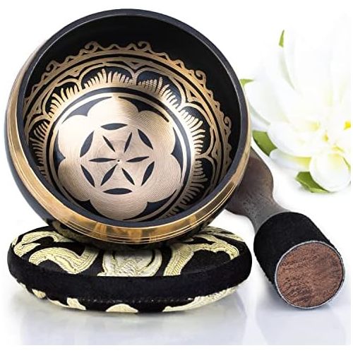  Silent Mind ~ Tibetan Singing Bowl Set ~ Power and Strength Design ~ With Dual Surface Mallet and Silk Cushion ~ Promotes Peace, Chakra Healing, and Mindfulness ~ Exquisite Gift (B명상종 싱잉볼