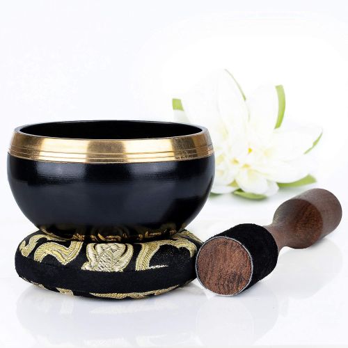  Silent Mind ~ Tibetan Singing Bowl Set ~ Power and Strength Design ~ With Dual Surface Mallet and Silk Cushion ~ Promotes Peace, Chakra Healing, and Mindfulness ~ Exquisite Gift (B명상종 싱잉볼