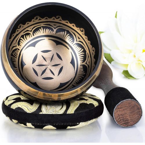  Silent Mind ~ Tibetan Singing Bowl Set ~ Power and Strength Design ~ With Dual Surface Mallet and Silk Cushion ~ Promotes Peace, Chakra Healing, and Mindfulness ~ Exquisite Gift (B명상종 싱잉볼