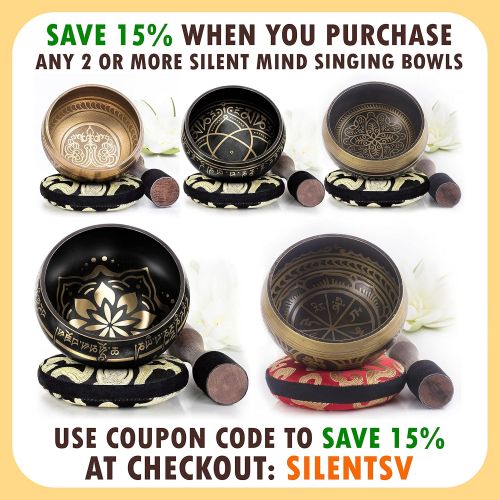  Silent Mind ~ Tibetan Singing Bowl Set ~ Power and Strength Design ~ With Dual Surface Mallet and Silk Cushion ~ Promotes Peace, Chakra Healing, and Mindfulness ~ Exquisite Gift (B명상종 싱잉볼