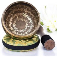 Silent Mind ~ Tibetan Singing Bowl Set ~ Peace Mantra Design ~ With Dual Surface Mallet and Silk Cushion ~ Promotes Peace, Chakra Healing, and Mindfulness ~ Exquisite Gift (Brass)명상종 싱잉볼