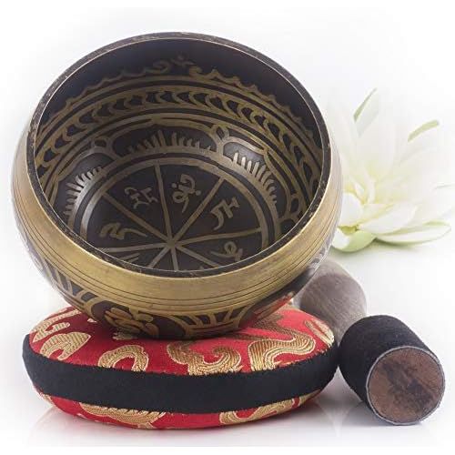  Silent Mind ~ Tibetan Singing Bowl Set ~ Antique Design ~ With Dual Surface Mallet and Silk Cushion ~ Promotes Peace, Chakra Healing, and Mindfulness ~ Exquisite Gift명상종 싱잉볼