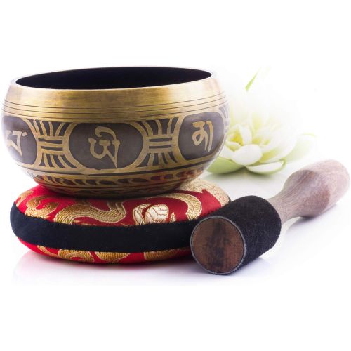  Silent Mind ~ Tibetan Singing Bowl Set ~ Antique Design ~ With Dual Surface Mallet and Silk Cushion ~ Promotes Peace, Chakra Healing, and Mindfulness ~ Exquisite Gift명상종 싱잉볼