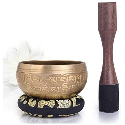  [아마존베스트]Silent Mind Tibetan Singing Bowl Set ~ Bronze Mantra Design ~ with High-Quality Wooden Clapper and Himalayan Cushion ~ Perfect for Yoga Meditation, Relaxation and Mindfulness ~ The