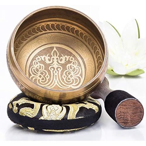  [아마존베스트]Silent Mind Tibetan Singing Bowl Set ~ Bronze Mantra Design ~ with High-Quality Wooden Clapper and Himalayan Cushion ~ Perfect for Yoga Meditation, Relaxation and Mindfulness ~ The