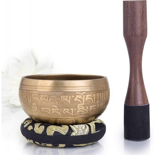  [아마존베스트]Silent Mind Tibetan Singing Bowl Set ~ Bronze Mantra Design ~ with High-Quality Wooden Clapper and Himalayan Cushion ~ Perfect for Yoga Meditation, Relaxation and Mindfulness ~ The