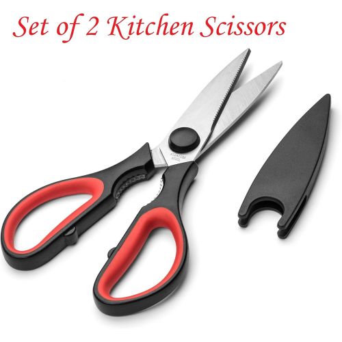  Silicone Designs Ultra Sharp Kitchen Cooking Scissors, Heavy Duty, Serrated Stainless Steel Shears, Set of 2, Protective Cap, Dishwasher Safe