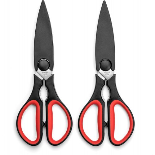  Silicone Designs Ultra Sharp Kitchen Cooking Scissors, Heavy Duty, Serrated Stainless Steel Shears, Set of 2, Protective Cap, Dishwasher Safe