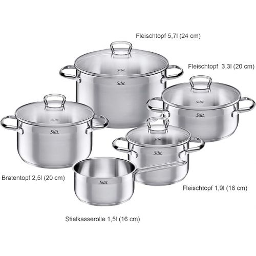  WMF Pot Set 5 Piece Toskana Pouring Rim Glass Lid Stainless Steel Suitable for Induction Hobs Dishwasher Safe