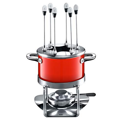  Silit Passion Red Fondue-Set 10-teilig Fondue fuer 6 Personen Silargan Edelstahl indktionsgeeignet spuelmaschinengeeignet, Fonduetopf Spritzschutz Rechaud Brenner Fonduegabeln