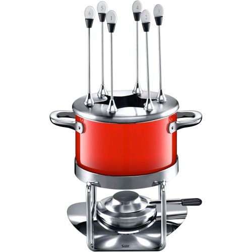  Silit Passion Red Fondue-Set 10-teilig Fondue fuer 6 Personen Silargan Edelstahl indktionsgeeignet spuelmaschinengeeignet, Fonduetopf Spritzschutz Rechaud Brenner Fonduegabeln