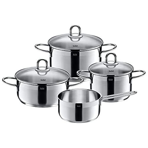  Silit Diamond Saucepan Set with Glass Lid / Saucepan / Coated Pan / Polished Stainless Steel / Suitable for Induction Cookers / Dishwasher Safe
