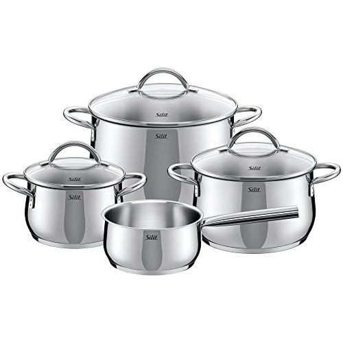  Silit Comodo Set of 4 Saucepans with Glass Lid and Saucepan Polished Stainless Steel Suitable for Induction Cookers Dishwasher Safe