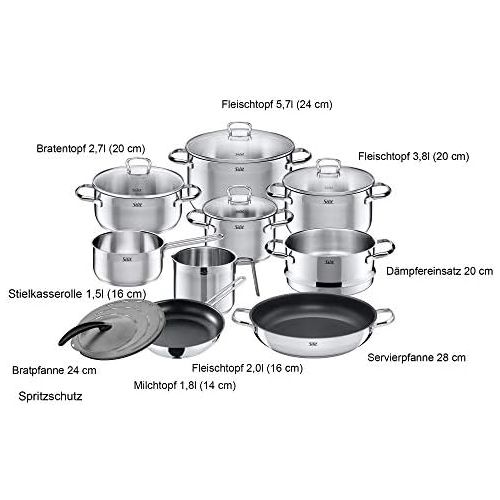  Silit Tuscany Set of 10 Saucepans with Glass Lid, Milk Pan, Steamer Insert, Coated, Splash Guard, Partially Matted Stainless Steel, Induction Pot, Uncoated