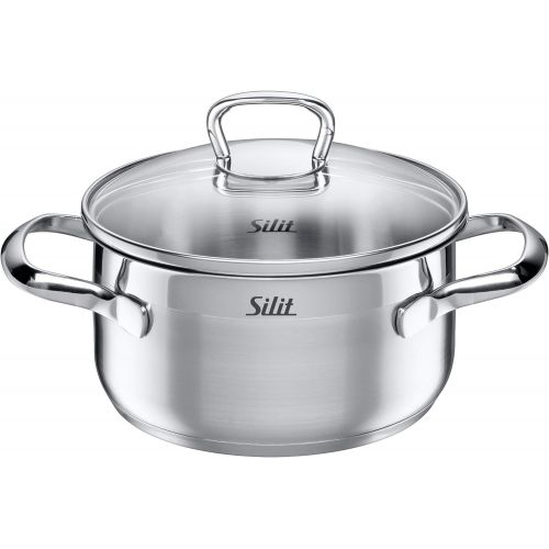  Silit Tuscany Set of 10 Saucepans with Glass Lid, Milk Pan, Steamer Insert, Coated, Splash Guard, Partially Matted Stainless Steel, Induction Pot, Uncoated