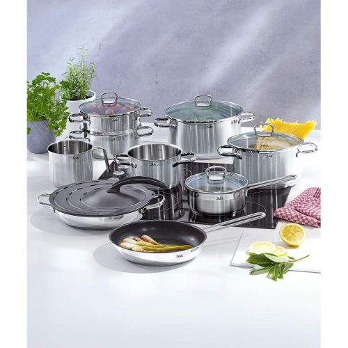  Silit Tuscany Set of 10 Saucepans with Glass Lid, Milk Pan, Steamer Insert, Coated, Splash Guard, Partially Matted Stainless Steel, Induction Pot, Uncoated