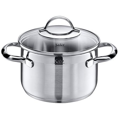  Silit Cooking Pot Tall Approx. 1.9L Agate Edge Glass Lid Diameter 16cm Polished Stainless Steel Suitable for Induction Cookers Dishwasher Safe