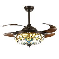 Siljoy Retractable Ceiling Fans with Remote and Lights Mediterranean Style Invisible Brown Acrylic Blade Fan Chandelier Dimmable LED (WarmDaylightCool White) 42-Inch