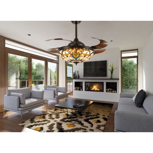  Siljoy Retractable Ceiling Fans with Remote and Lights Mediterranean Style Invisible Brown Acrylic Blade Fan Chandelier Dimmable LED (WarmDaylightCool White) 42-Inch