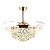 Siljoy 42 inch Invisible Ceiling Fans with Lights Modern Retractable Crystal Chandelier Fan with Remote and Dimmable Gold