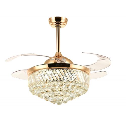  Siljoy 42 inch Invisible Ceiling Fans with Lights Modern Retractable Crystal Chandelier Fan with Remote and Dimmable Gold