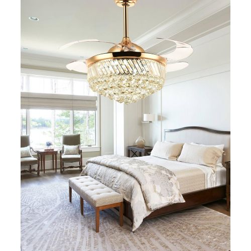  Siljoy 42 inch Invisible Ceiling Fans with Lights Modern Retractable Crystal Chandelier Fan with Remote and Dimmable Gold