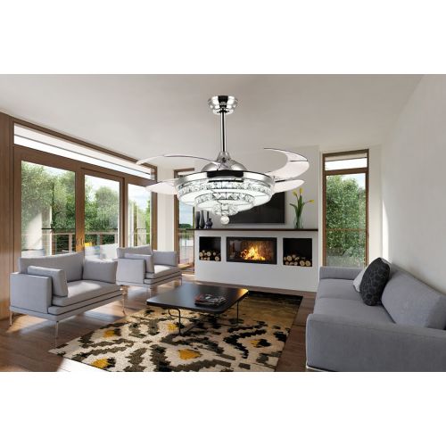  Siljoy 42 Chrome Retractable Ceiling Fans with Lights and Remote Invisible Crystal Chandelier Fan Dimmable