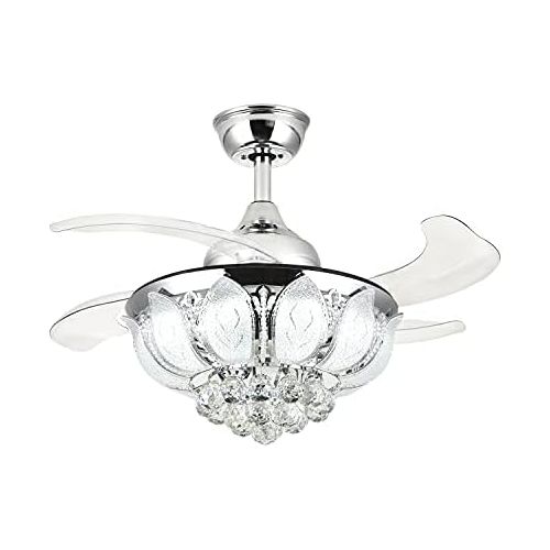  SILJOY 42 inch Reverse Crystal Ceiling Fan with Lights and Remote Modern Mute Retractable Blades Invisible Chandelier Ceiling Fan Dimmable Led Light Chrome