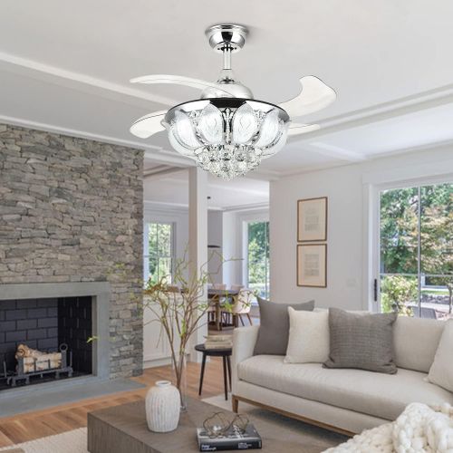  SILJOY 42 inch Reverse Crystal Ceiling Fan with Lights and Remote Modern Mute Retractable Blades Invisible Chandelier Ceiling Fan Dimmable Led Light Chrome