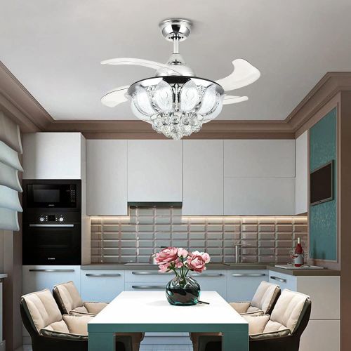  SILJOY 42 inch Reverse Crystal Ceiling Fan with Lights and Remote Modern Mute Retractable Blades Invisible Chandelier Ceiling Fan Dimmable Led Light Chrome