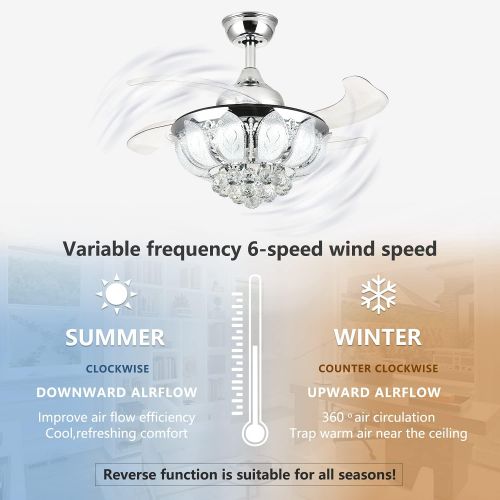  SILJOY 42 inch Reverse Crystal Ceiling Fan with Lights and Remote Modern Mute Retractable Blades Invisible Chandelier Ceiling Fan Dimmable Led Light Chrome