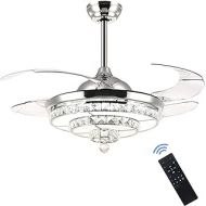 SILJOY Crystal Ceiling Fan with Lights Modern Fandelier Retractable Dimmable LED Chandelier Ceiling Light Fixture for Bedroom Dining Room Polished Chrome 42 Inches