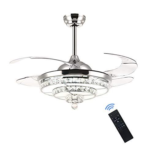  SILJOY Crystal Ceiling Fan with Lights Modern Fandelier Retractable Dimmable LED Chandelier Ceiling Light Fixture for Bedroom Dining Room Polished Chrome 42 Inches