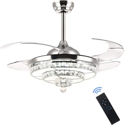  SILJOY Crystal Ceiling Fan with Lights Modern Fandelier Retractable Dimmable LED Chandelier Ceiling Light Fixture for Bedroom Dining Room Polished Chrome 42 Inches