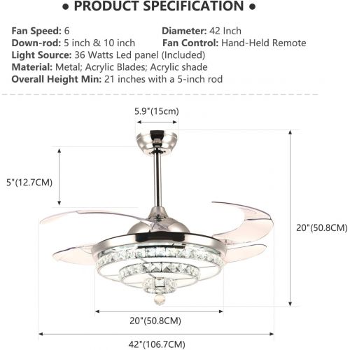  SILJOY Crystal Ceiling Fan with Lights Modern Fandelier Retractable Dimmable LED Chandelier Ceiling Light Fixture for Bedroom Dining Room Polished Chrome 42 Inches