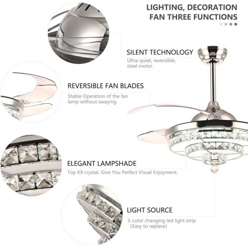  SILJOY Crystal Ceiling Fan with Lights Modern Fandelier Retractable Dimmable LED Chandelier Ceiling Light Fixture for Bedroom Dining Room Polished Chrome 42 Inches