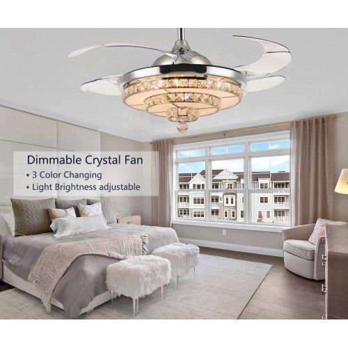  SILJOY Crystal Ceiling Fan with Lights Modern Fandelier Retractable Dimmable LED Chandelier Ceiling Light Fixture for Bedroom Dining Room Polished Chrome 42 Inches