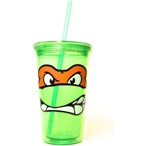  Silver Buffalo Nickelodeon Teenage Mutant Ninja Turtles Michelangelo Plastic Cold Cup with Lid and Straw, 16-Ounces