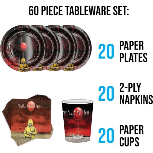  Silver Buffalo IT Pennywise Gorgie Float Party Tableware Set, 60-Piece, Multicolored
