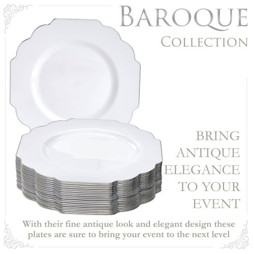  Silver Spoons Party Disposable 20 pc Dinnerware Set | 20 Dinner Plates | Heavyweight Plastic Dishes | Elegant Fine China Look | for Upscale Wedding and Dining (Baroque Collection Silver Edge/Whi