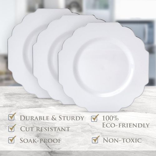  Silver Spoons Party Disposable 20 pc Dinnerware Set | 20 Dinner Plates | Heavyweight Plastic Dishes | Elegant Fine China Look | for Upscale Wedding and Dining (Baroque Collection Silver Edge/Whi