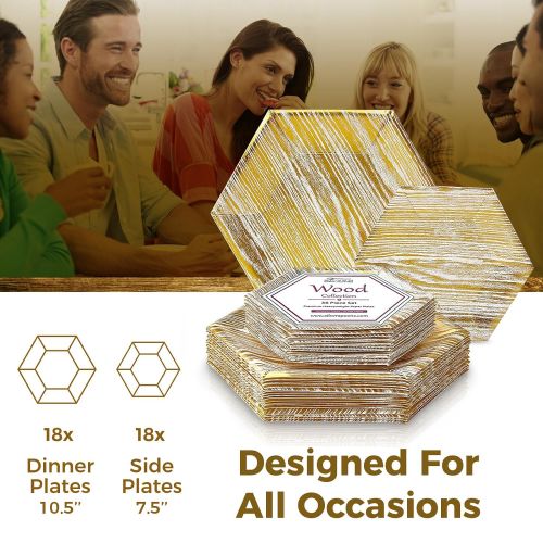  Silver Spoons PARTY DISPOSABLE 36 PC DINNERWARE SET | 18 Dinner Plates | 18 Salad or Dessert Plates | Heavy Duty Paper Plates | Hexagon Wood Design | for Upscale Wedding and Dining (Wood Collect