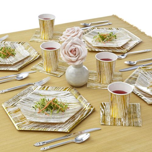 Silver Spoons PARTY DISPOSABLE 36 PC DINNERWARE SET | 18 Dinner Plates | 18 Salad or Dessert Plates | Heavy Duty Paper Plates | Hexagon Wood Design | for Upscale Wedding and Dining (Wood Collect